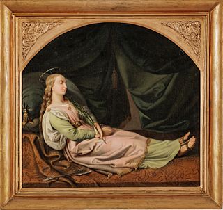 German Oil On Canvas, 19th C., Saint Ursula, H 16" W 17.25"