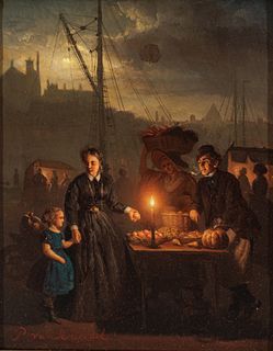 Petrus Van Schendel (Belgian, 1806-1870) Oil On Cradled Mahogany Panel, Fruit Vendor By Candlelight, H 9.25" W 7.5"