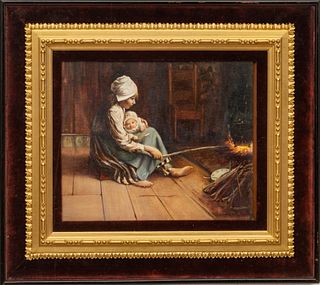 Bernardus Johannes Blommers (Dutch, 1845-1914) Oil On Canvas Ca. 1900, Children Near Fireplace, H 9" W 11"