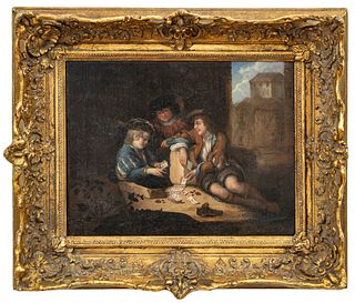 European Oil On Canvas, Ca. Late 18th C., A Game Of Cards, H 10.75" W 14"