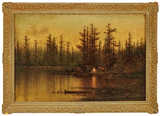 John Hammerstad (Norwegian-American, 1842-1925) Oil On Canvas, 19th C., Riverside Encampment In The Early Evening, H 24" W 36"