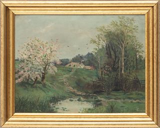 E. Crane, Oil On Artist Board, Cottage Near Creek, H 14" W 18"