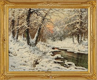 Laszlo Neogrady (Hungarian, 1896-1962) Oil On Canvas, Ca. Mid 20th C., Winter Riverscape, H 24" W 30"