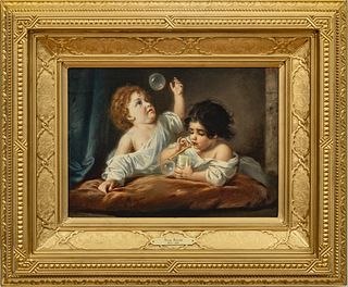 In The Manner of Anton Romako (Austrian, 1832-1889) Oil On Canvas, 19th C., Children Playing With Bubbles, H 10.5" W 14.75"
