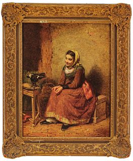 Italian School Oil On Canvas, Ca. 1871, Seated Woman With A Raven, H 18" W 13.75"