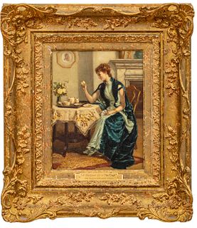 Maude Goodman (English, 1853-1938) Oil On Canvas, "A Fortune In A Teacup", H 11.5" W 8.5"