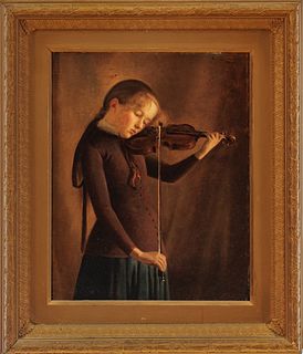 Percy Ives (American, 1864-1928) Oil On Canvas, Ca. 1884, Girl With Violin, H 19" W 16"