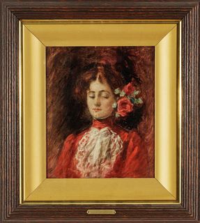 Percy Ives (American, 1864-1928) Oil On Beveled Mahogany Panel, Ca. 1899, Lady In Red, H 12" W 10"