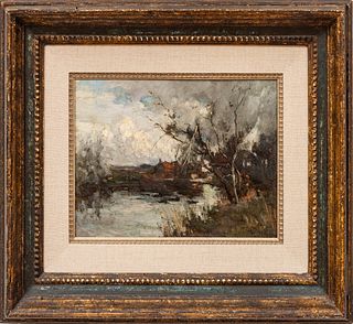 William Watt Milne (Scottish, 1865-1949) Oil On Canvas, H 10", W 14", "The Mill Pond"