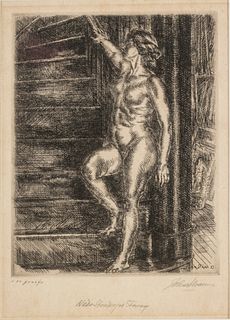 John Sloan (American, 1871-1951) Etching On Paper, 1933, Nude Standing On Stairway, H 8.5" W 6.5"