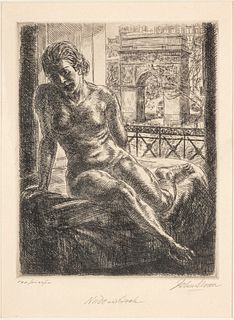 John Sloan (American, 1871-1951) Etching And Engraving On Paper, 1933, Nude And Arch, H 7" W 5.5"