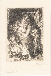 John Sloan (American, 1871-1951) Etching On Paper, 1913, Combing Her Hair, H 3.75" W 2.75"