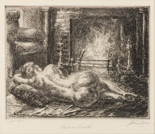 John Sloan (American, 1871-1951) Etching On Paper, 1933, Nude On Hearth, H 5.5" W 7"