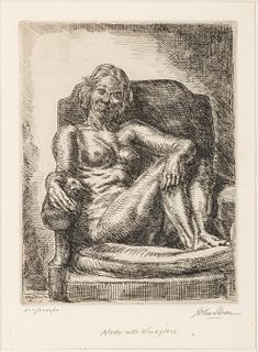 John Sloan (American, 1871-1951) Etching On Wove Paper, 1933, Nude With Wineglass, H 6.75" W 5.25"