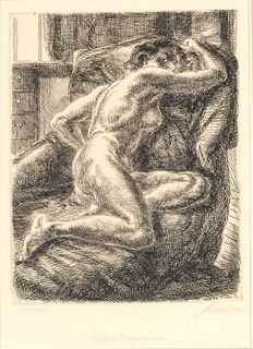 John Sloan (American, 1871-1951) Etching On Paper 1931, Nude On Draped Couch, H 7" W 5.5"