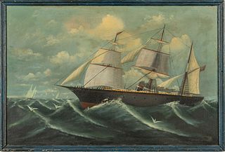 American School Oil On Canvas Mounted To Board, Ca. 19th C., Three-Masted Steamship "Globe", H 24" W 36"