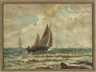 American School Oil On Canvas, Sailboat, H 14.5" W 20"