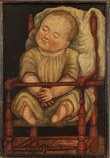 Reproduction Giclee On Canvas, After American Primitive "Baby In Red Chair" Oil Painting, H 21.75" W 15.5"