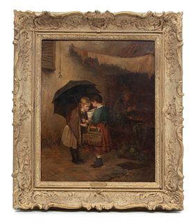 John Petit, Oil On Canvas,  1886, Young Girl Street Vendor, H 26" W 21"