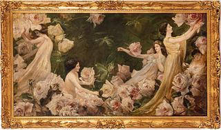 Art Nouveau Oil On Canvas, Ca. 1900, Forest Nymphs With Roses, H 34" W 63"