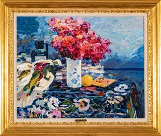 Malva (Syrian, 1951-2015) Oil On Canvas, H 25" W 31.25" Nature Morte Bouquet Rouge