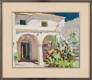 Francisco Bueno (Spanish, 1933-1989) Southwest Oil On Canvas Board, Summer Portico, H 15" W 18"