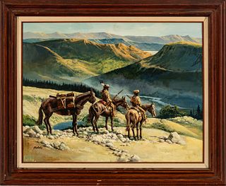 George Bertels (American 20th C.) Oil On Canvasboard, Frontiersmen In A Western Landscape, H 24" W 30"