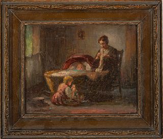 Charles E. Waltensperger (American, 1871-1931) Oil On Panel, Interior Scene Of Mother And Children, H 7.25" W 9.37"