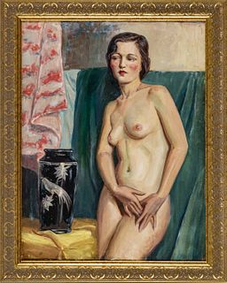 Unsigned Oil On Canvas, Ca. 1920, Still Life With Female Nude, H 34" W 26"