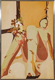 Oil On Canvas, Ca. 1970, Abstract Seated Nude With Flowers, H 35" W 23"