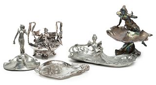 Art Nouveau Silver Plate & Pewter Dishes & Inkwell, Ca. 1920, H 10" W 9" Depth 8.5" 5 pcs