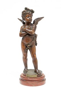 Eutrope Bouret, (French, 1833-1906) Bronze Sculpture, Cupid "Amour Vanqueur", H 14"