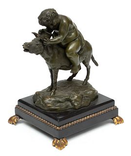 After Claud Michel Clodion (French, 1738-1814) Bronze Sculpture, Bacchus Imbibing On Donkey, H 7.7" L 10.5"