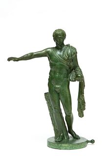 Bronze Sculpture, Contrapposto Roman Holding Orb, H 14" L 9"
