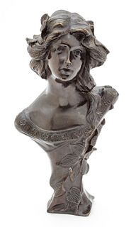Art Nouveau, Signed Cook, Bronze Bust Of Lady, H 12.2" W 7"