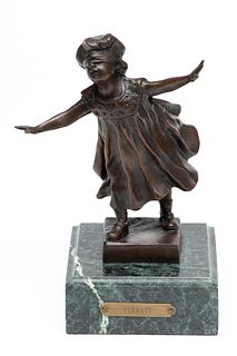 G. Ferratt (French) Bronze Sculpture, 20th Century, Blindfolded Girl, H 6.5" W 5.25" Depth 5"
