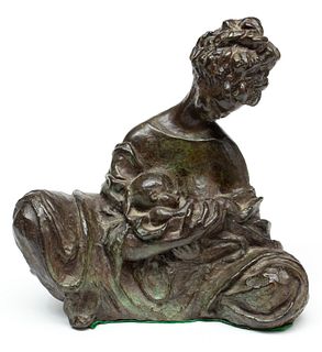 Betty Jacobs (American) Bronze With Dark Green Patina, Ca. 1960, Seated Mother Cradling Baby, H 10" W 10"