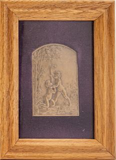 French Bronze Relief Plaque, Children Shaking Apples From Tree Ca. 19th.c., H 2.7" W 1.7"