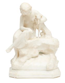 Carved Alabaster Sculptural Lamp, Ca. 1930, Woman With Greyhound, H 16.5" W 11.5" Depth 6.5"