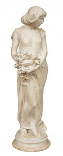 T. Caradossi (Italian) Carrara Marble Sculpture Sculpture, Ca. 1900, Standing Beauty With Flowers, H 31.5" Dia. 8.5"