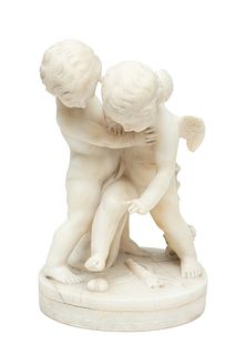 Eugenio Battiglia (Italian 19th C.) Carved Alabaster Sculpture, Ca. 1900, Deux Amours Se Disputant Un Cœur, H 12" W 7" Depth 6"