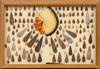 Native American Stone Arrowhead Collection, H 23" W 32" 130 pcs