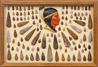Native American Stone Arrowhead Collections, H 23" W 32" 114 pcs