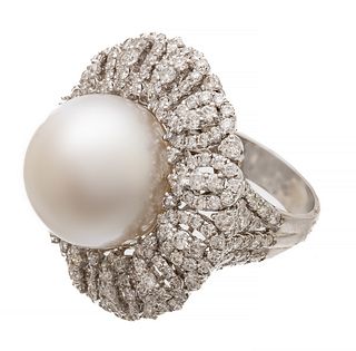 18kt White Gold, Tahitian Pearl & Diamond Ring, 19g Size: 7
