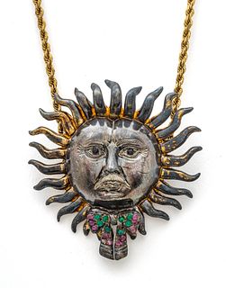 Sergio Bustamante (Mexican, B. 1949) Sterling Silver Sun Face Pendant & 14kt Gold Necklace, L 23.5" 48g