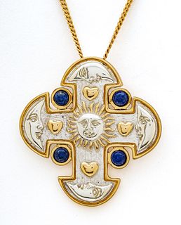 Sergio Bustamante (Mexican, B. 1949) Sterling Silver Cross Pendant/Brooch & 14Kt Yellow Gold Chain, L 25" 40g