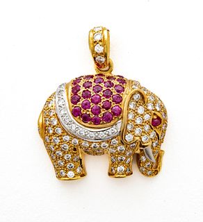 18kt Gold, Diamond & Ruby Elephant Form Pendant, H 1" W 1" 10g