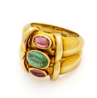 Emerald, Garnet & 14Kt Yellow Gold Ring, 11g Size: 6.25