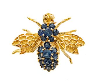 Sapphire & 14kt Yellow Gold Bee Pin, H 1" W 1" 4g