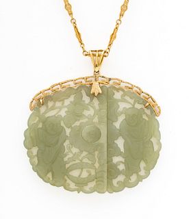 14kt Yellow Gold And Carved Jade Pendant, L 30" 47g